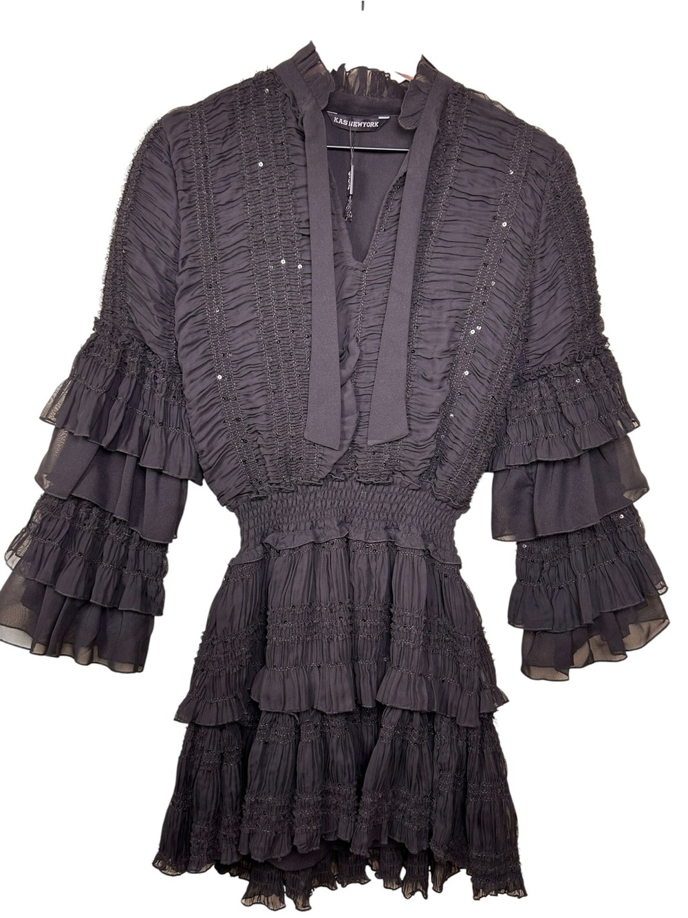 KAS New York NWOT Black Sequin Ruffle Tiered Mini Dress Gothic Romantic Sz S